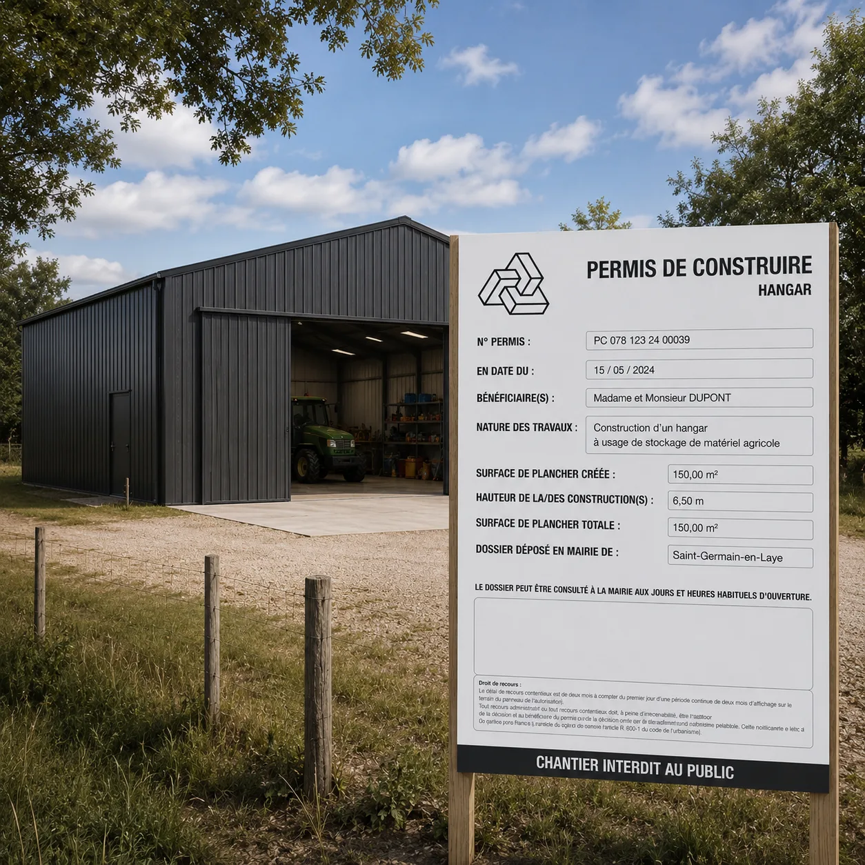 Affichage et suivi d'un permis de construire hangar